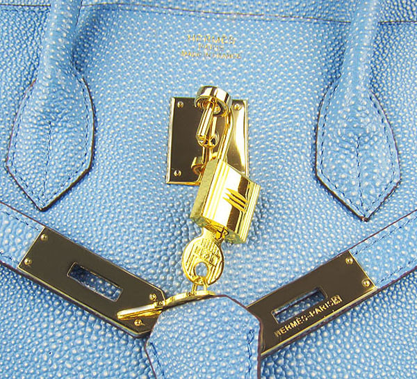 High Quality Fake Hermes Birkin 35CM Pearl Veins Leather Bag Light Blue 6089 - Click Image to Close